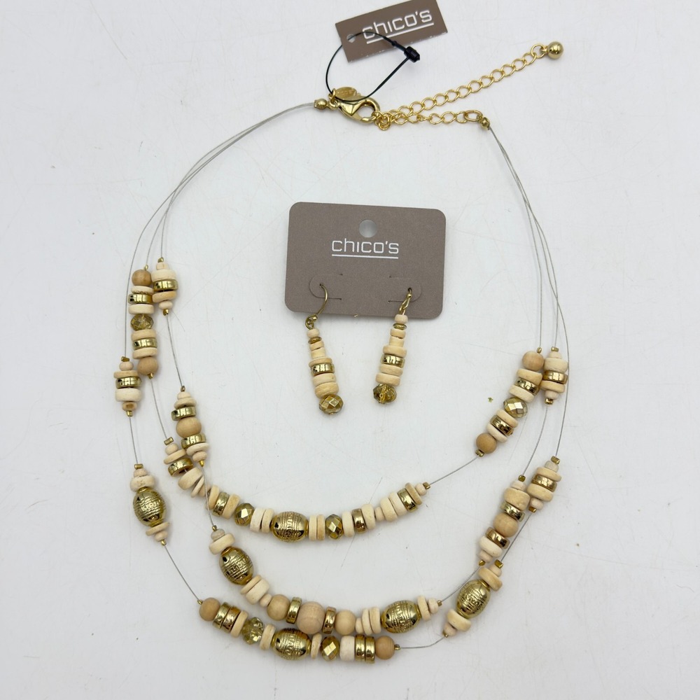 New Chico's Mammoth Wire Necklace And Pierced Earring Set Beige Brass Beads